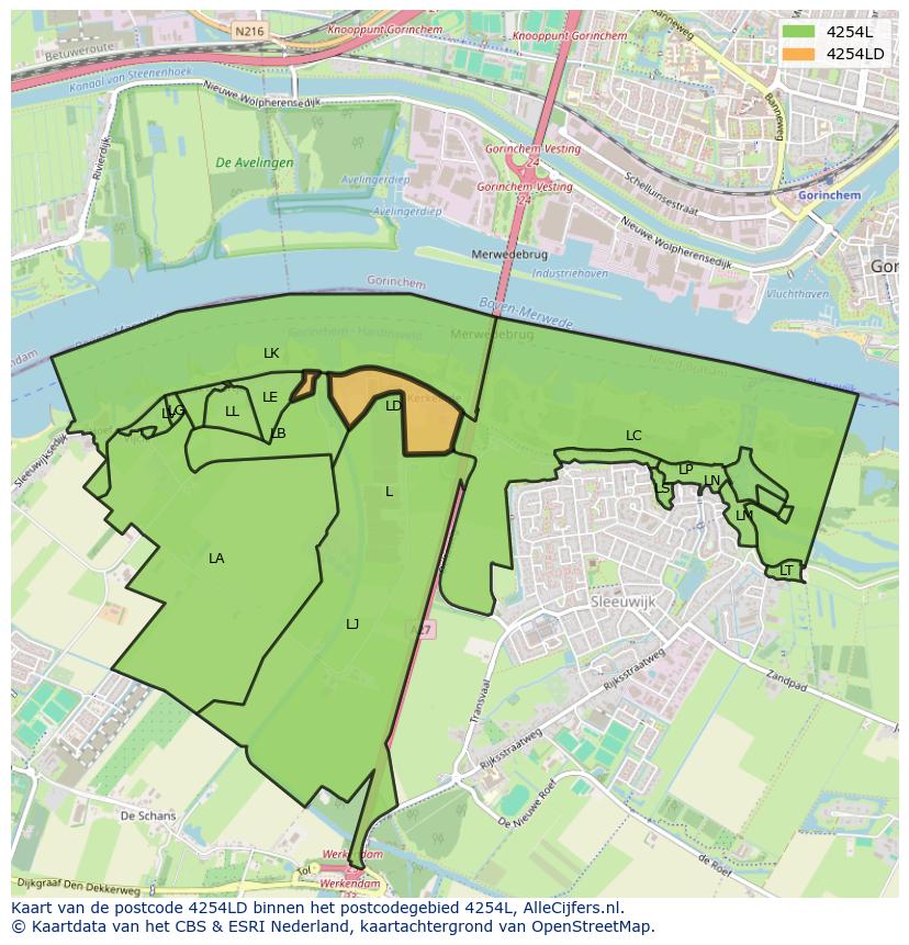 Afbeelding van het postcodegebied 4254 LD op de kaart.