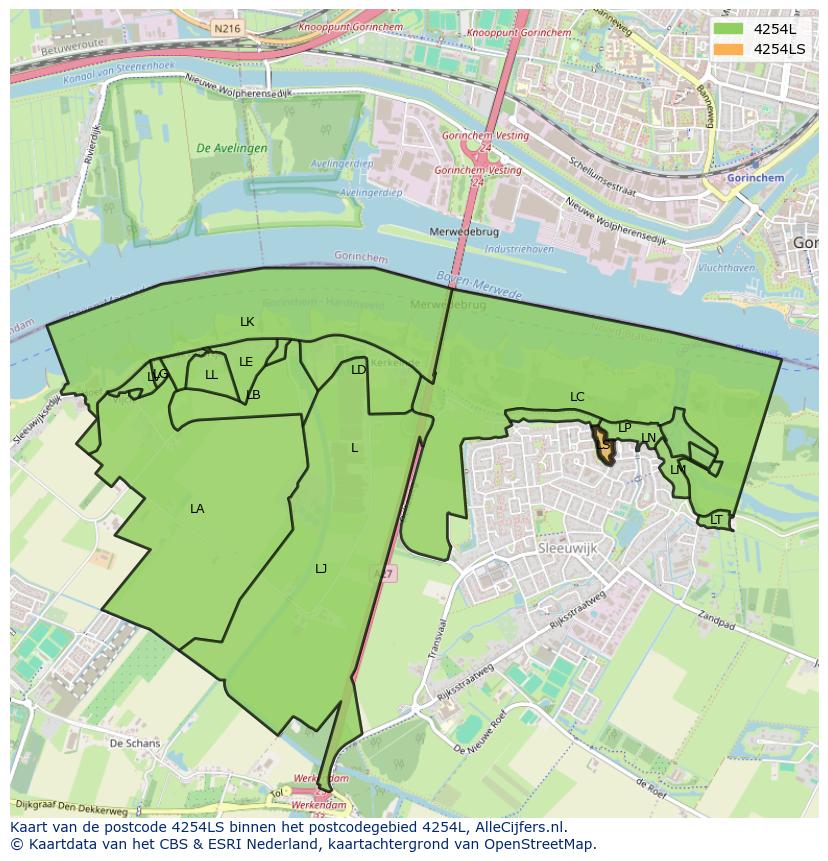 Afbeelding van het postcodegebied 4254 LS op de kaart.