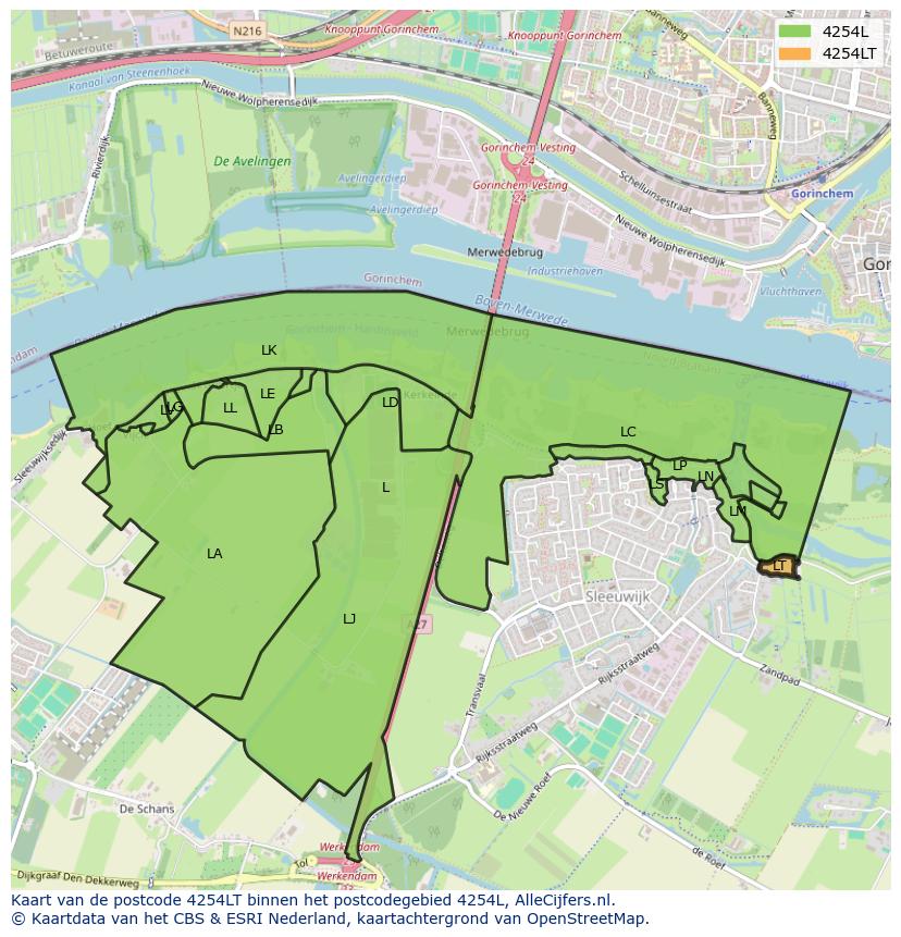 Afbeelding van het postcodegebied 4254 LT op de kaart.