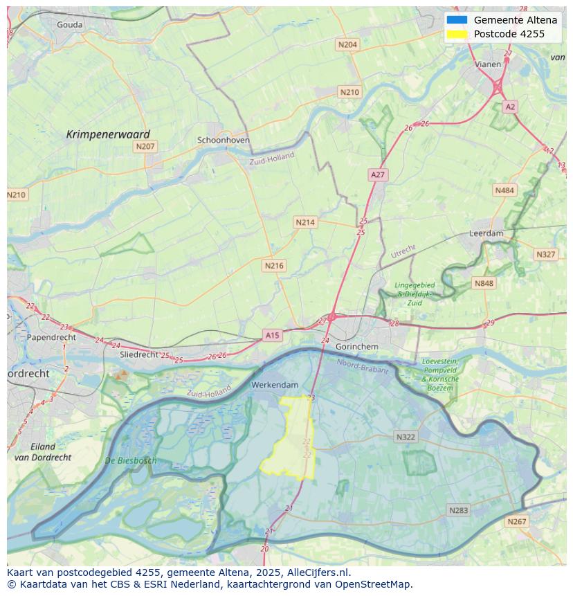 Afbeelding van het postcodegebied 4255 op de kaart.