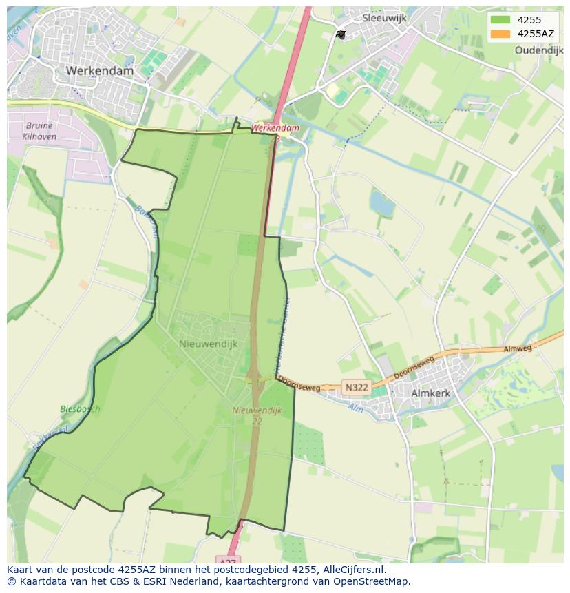 Afbeelding van het postcodegebied 4255 AZ op de kaart.
