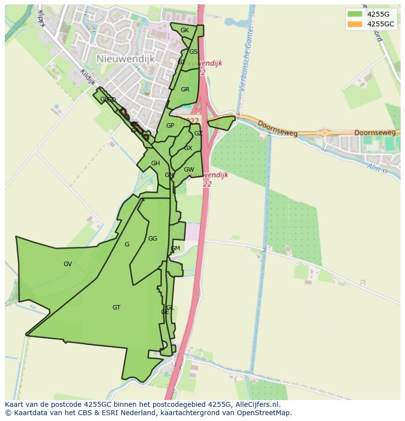 Afbeelding van het postcodegebied 4255 GC op de kaart.