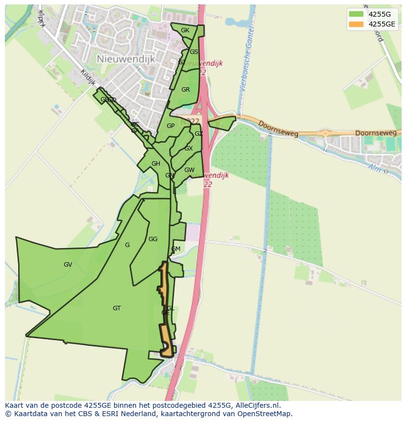 Afbeelding van het postcodegebied 4255 GE op de kaart.