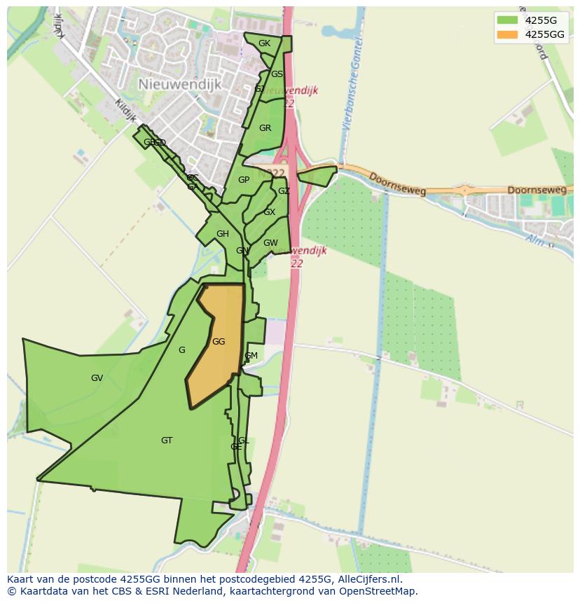 Afbeelding van het postcodegebied 4255 GG op de kaart.