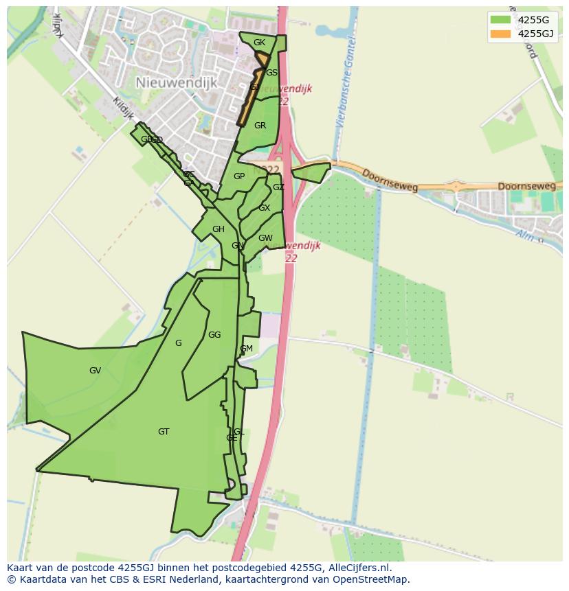 Afbeelding van het postcodegebied 4255 GJ op de kaart.