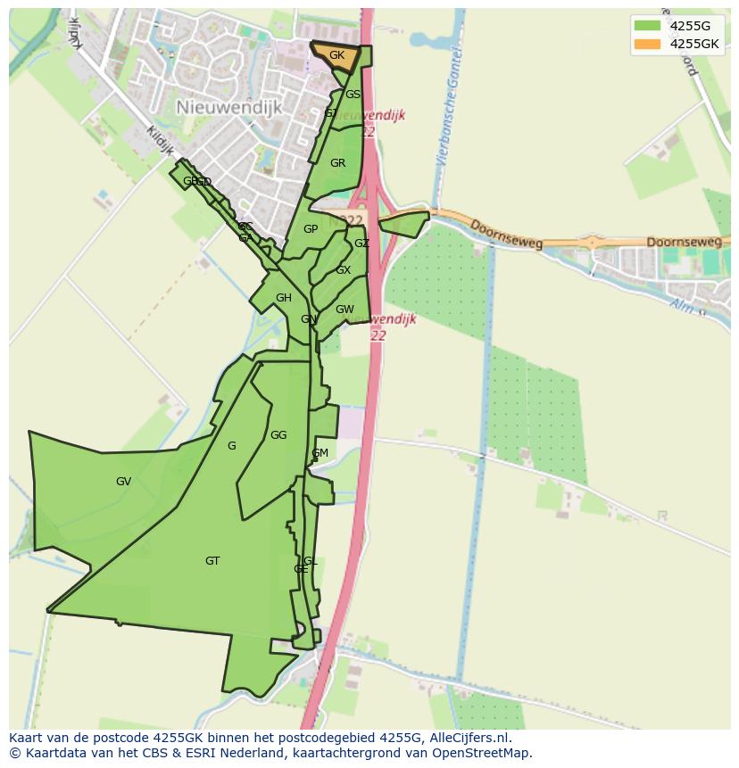 Afbeelding van het postcodegebied 4255 GK op de kaart.