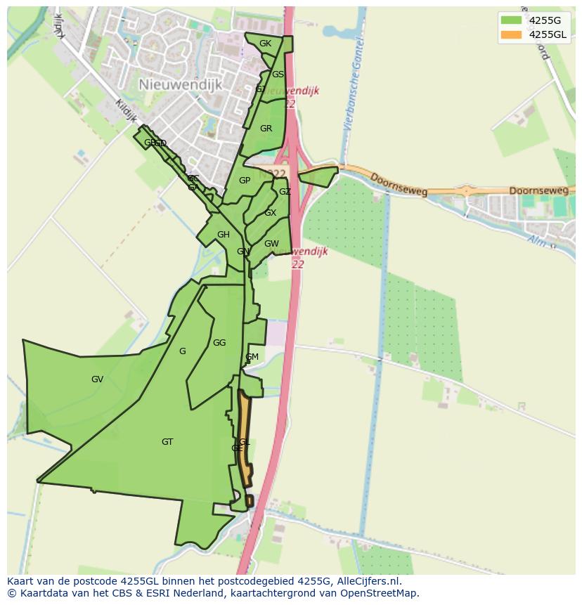 Afbeelding van het postcodegebied 4255 GL op de kaart.
