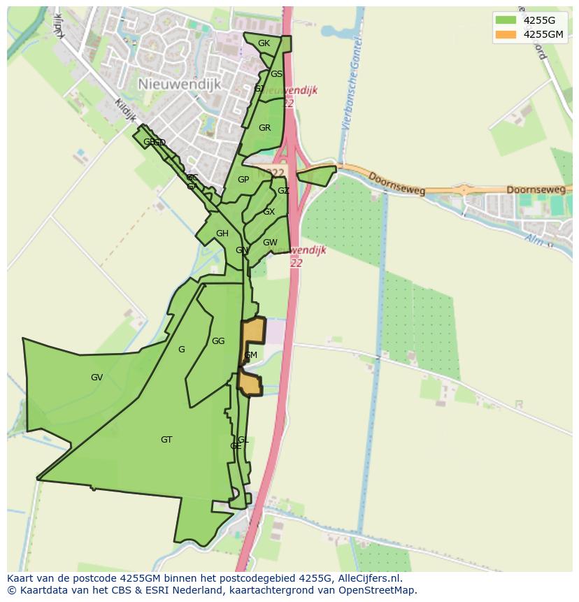 Afbeelding van het postcodegebied 4255 GM op de kaart.