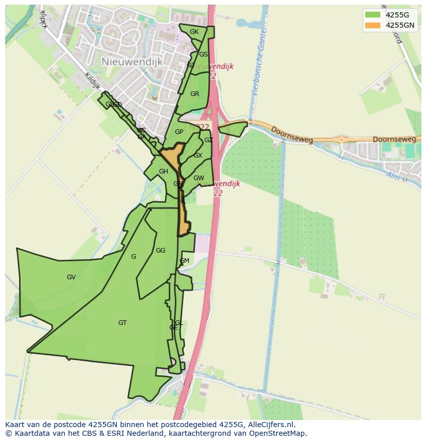 Afbeelding van het postcodegebied 4255 GN op de kaart.