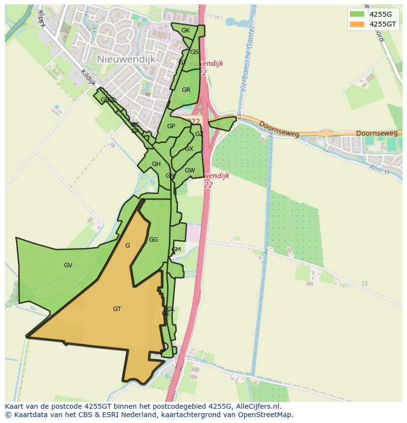 Afbeelding van het postcodegebied 4255 GT op de kaart.