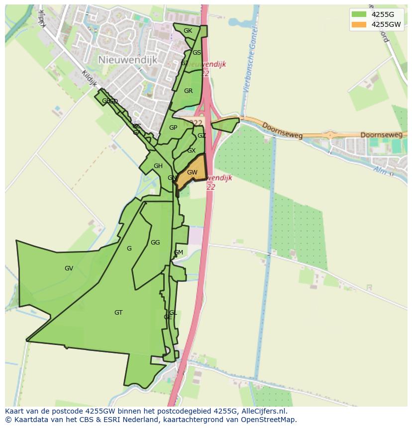 Afbeelding van het postcodegebied 4255 GW op de kaart.