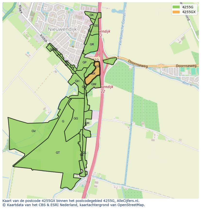 Afbeelding van het postcodegebied 4255 GX op de kaart.