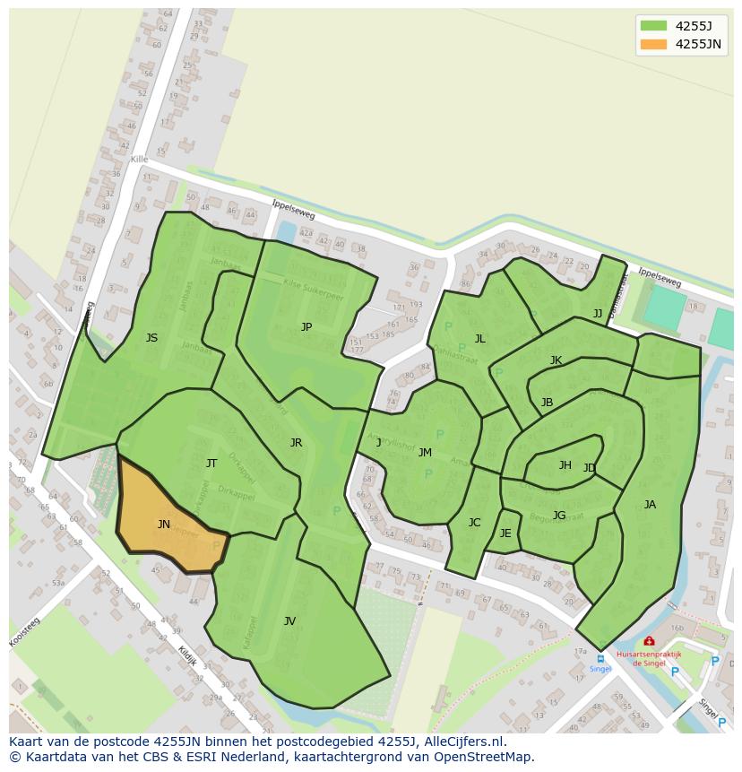 Afbeelding van het postcodegebied 4255 JN op de kaart.