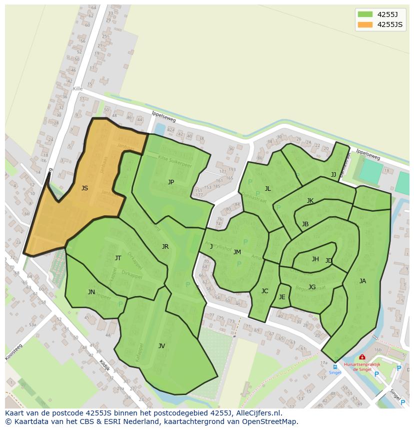 Afbeelding van het postcodegebied 4255 JS op de kaart.