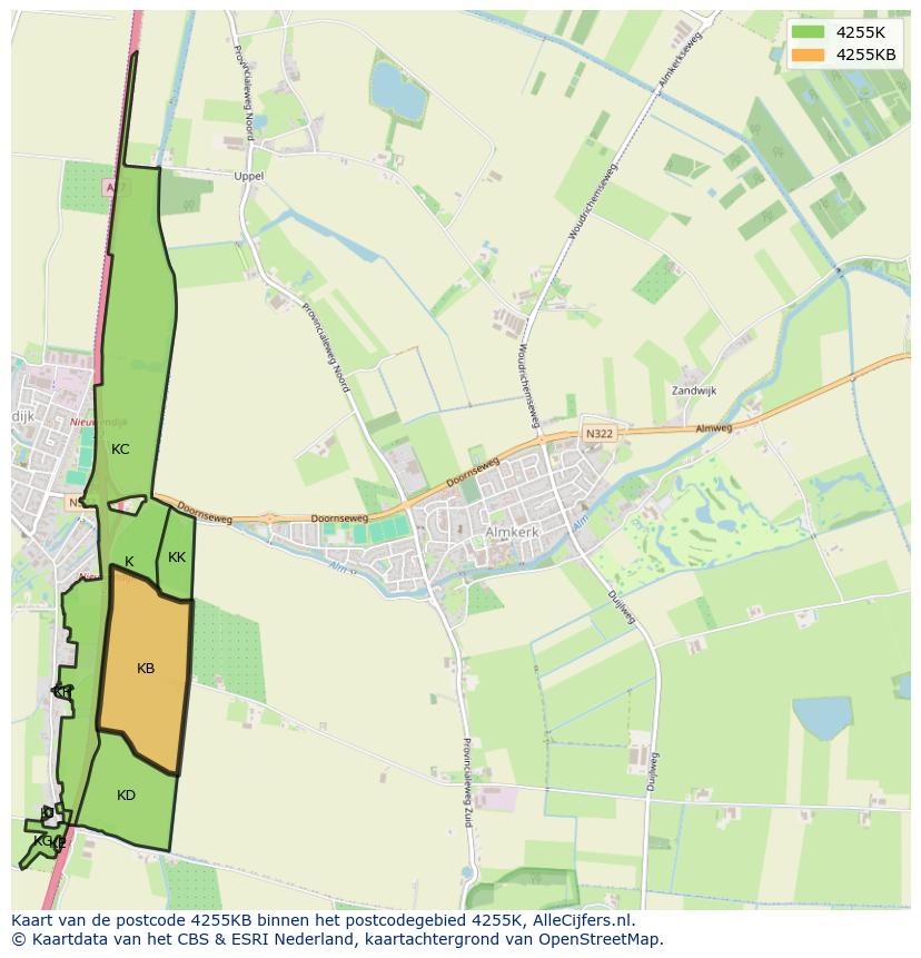 Afbeelding van het postcodegebied 4255 KB op de kaart.