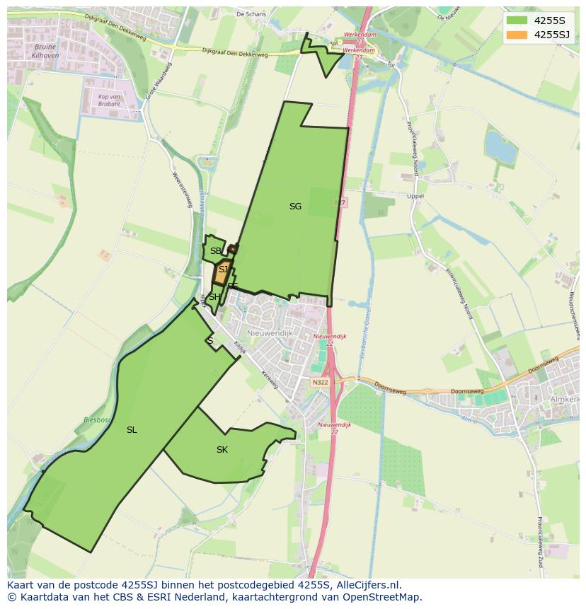 Afbeelding van het postcodegebied 4255 SJ op de kaart.
