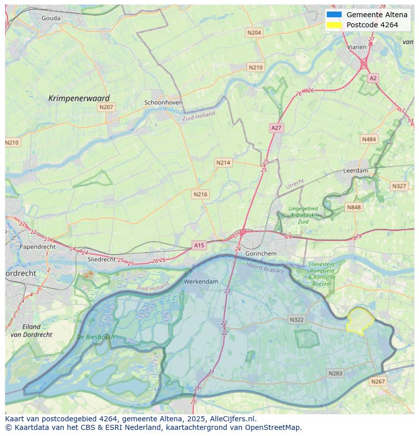 Afbeelding van het postcodegebied 4264 op de kaart.