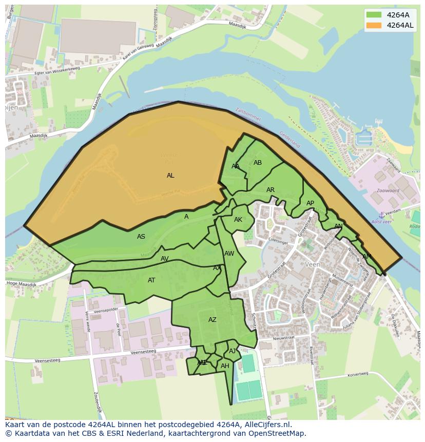 Afbeelding van het postcodegebied 4264 AL op de kaart.