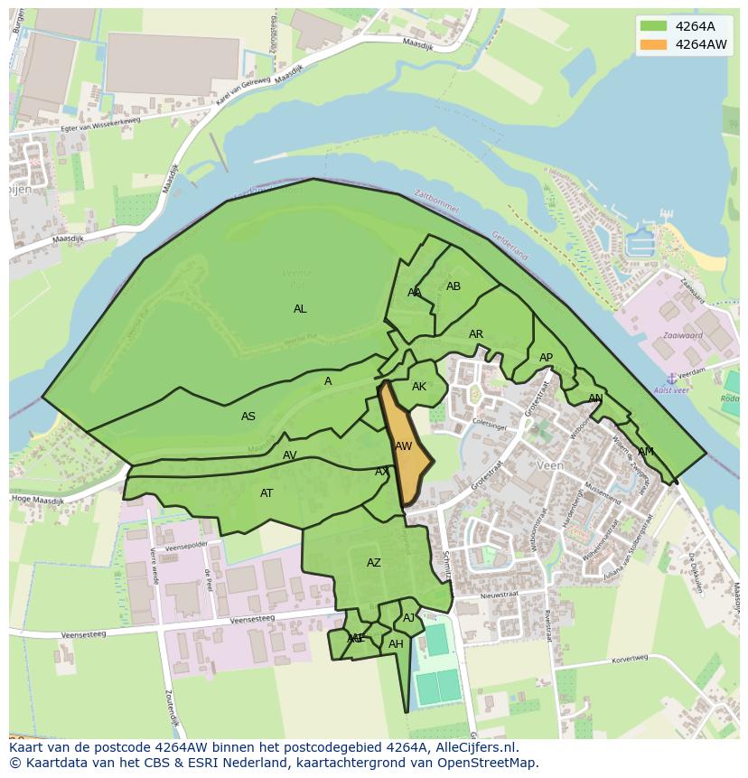 Afbeelding van het postcodegebied 4264 AW op de kaart.