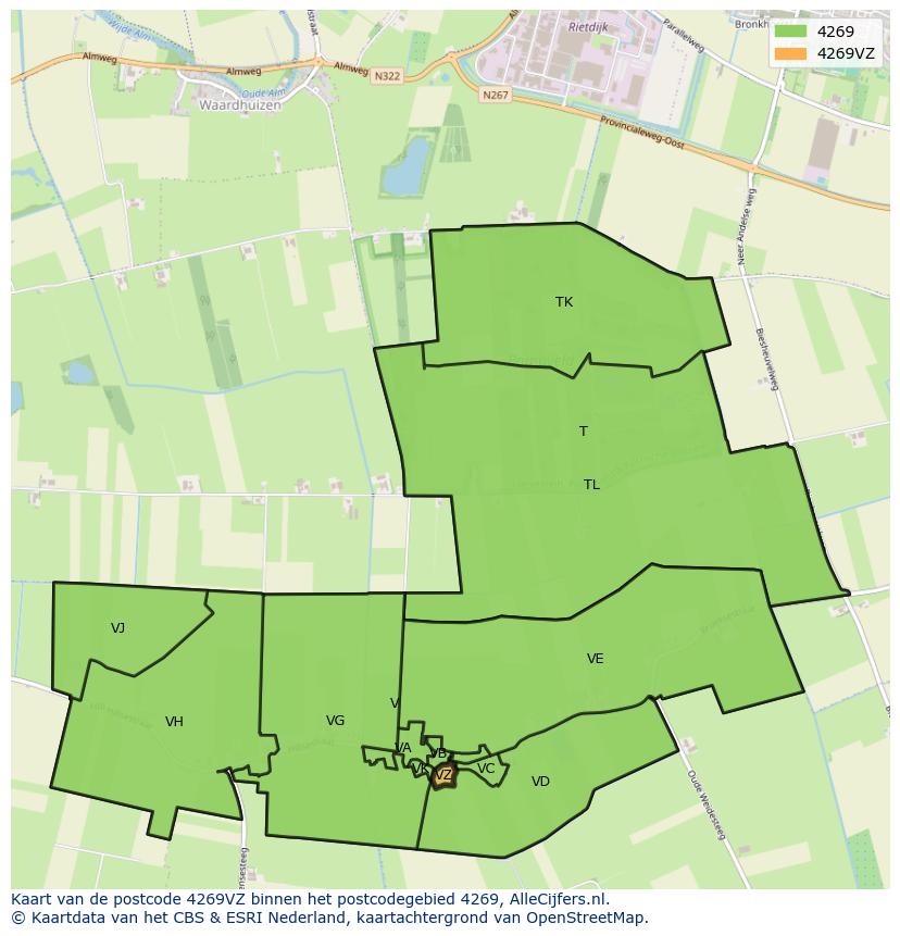 Afbeelding van het postcodegebied 4269 VZ op de kaart.