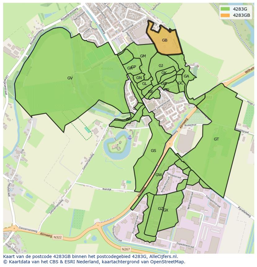 Afbeelding van het postcodegebied 4283 GB op de kaart.