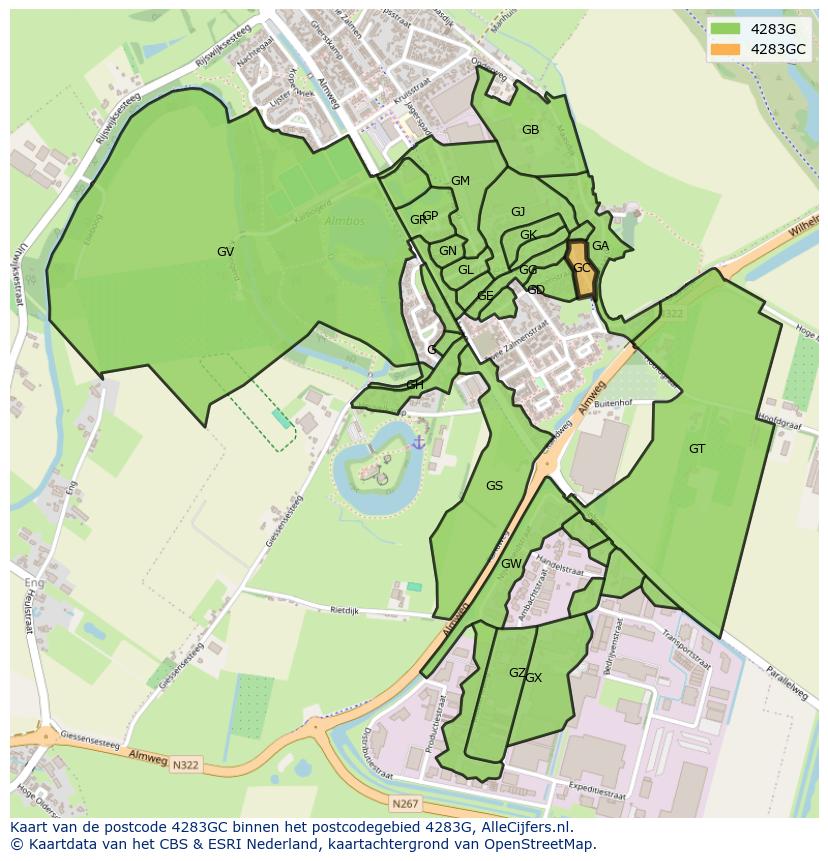 Afbeelding van het postcodegebied 4283 GC op de kaart.