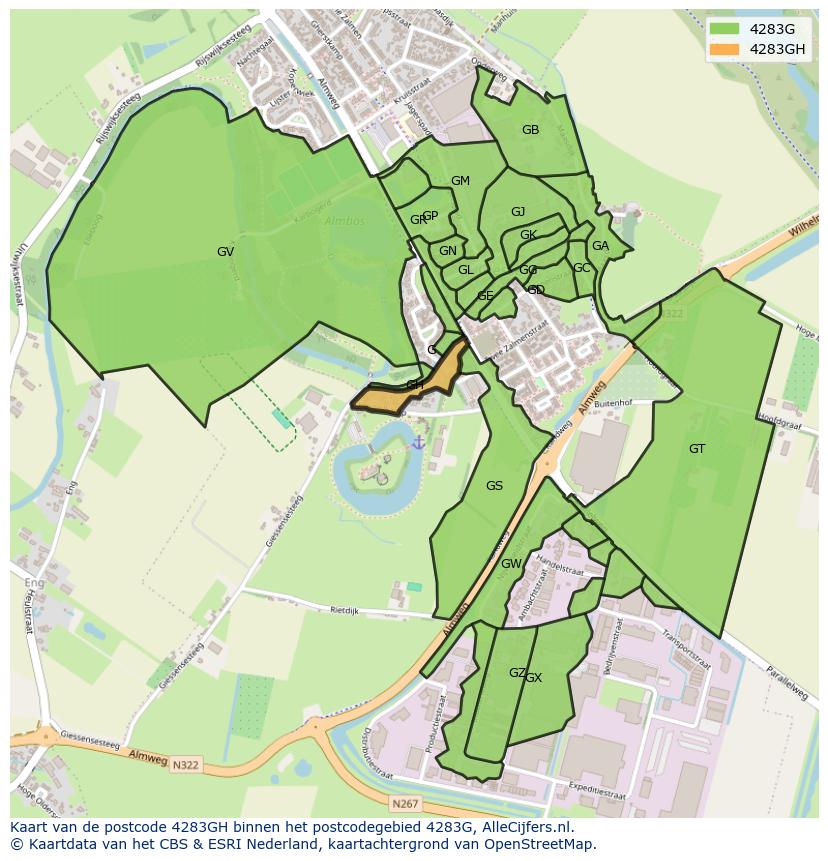 Afbeelding van het postcodegebied 4283 GH op de kaart.