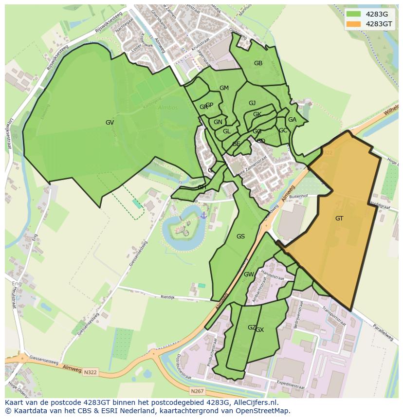 Afbeelding van het postcodegebied 4283 GT op de kaart.