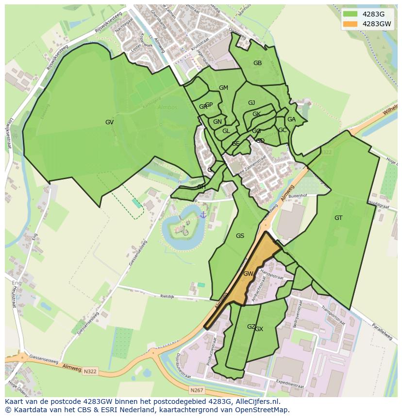 Afbeelding van het postcodegebied 4283 GW op de kaart.