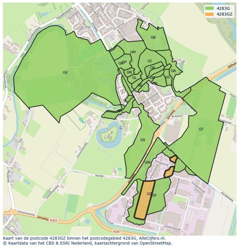 Afbeelding van het postcodegebied 4283 GZ op de kaart.