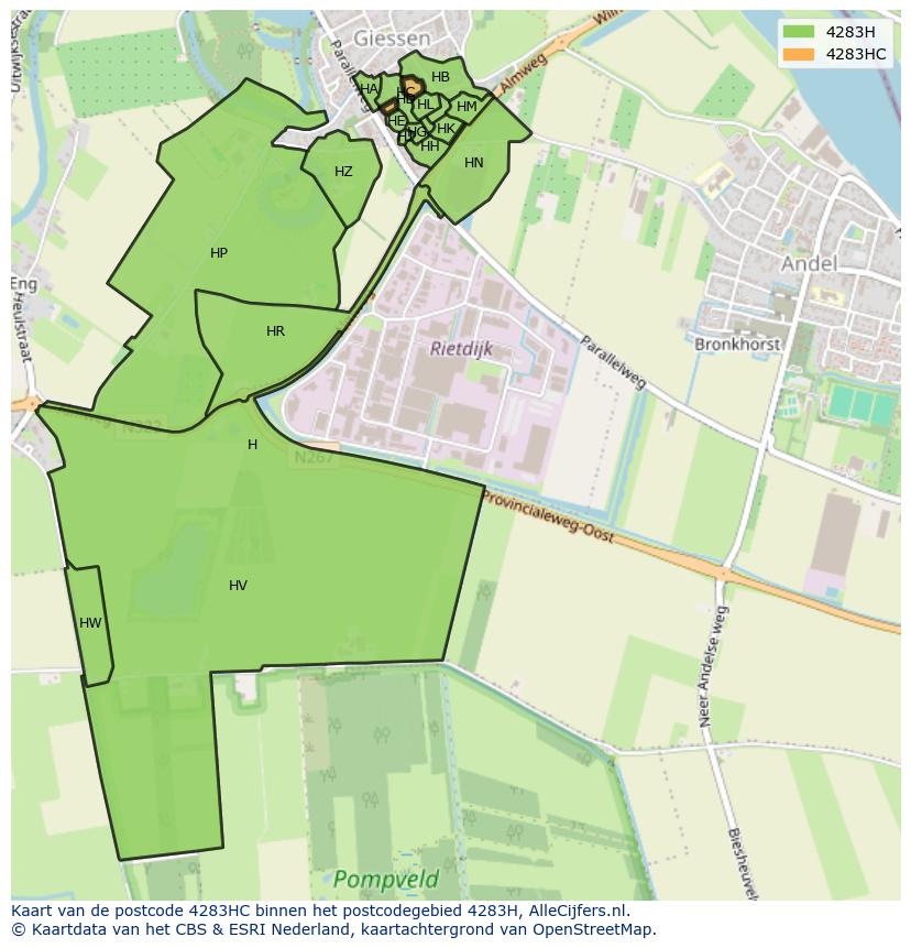 Afbeelding van het postcodegebied 4283 HC op de kaart.