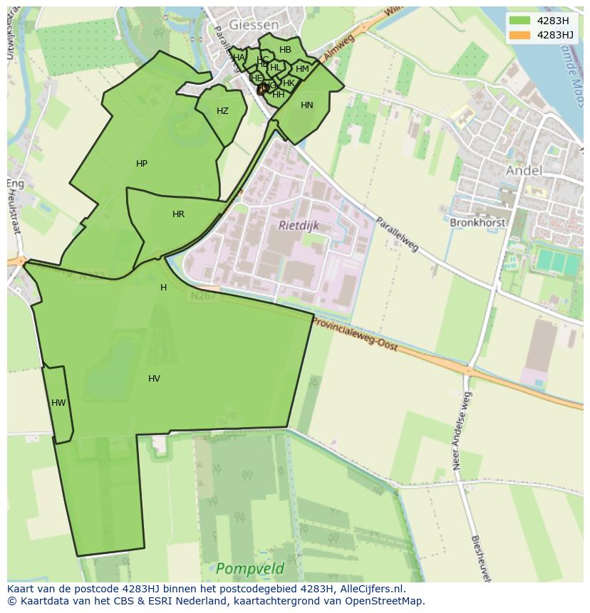 Afbeelding van het postcodegebied 4283 HJ op de kaart.