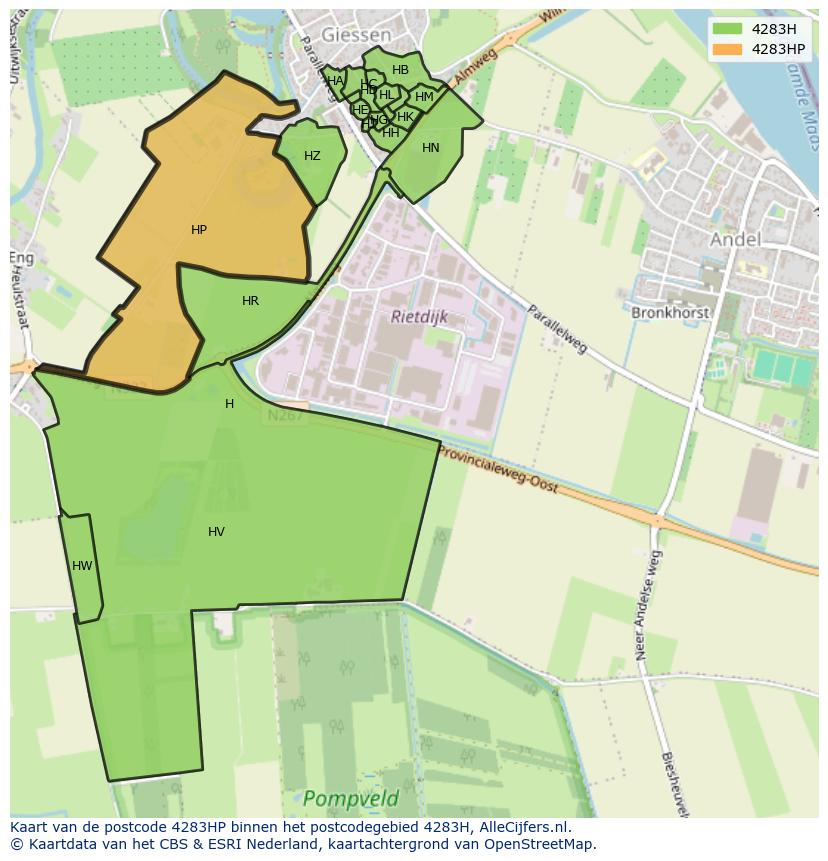 Afbeelding van het postcodegebied 4283 HP op de kaart.