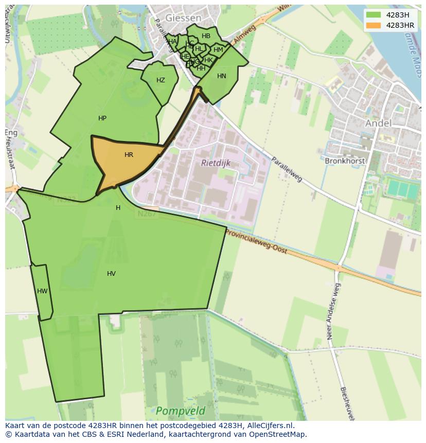 Afbeelding van het postcodegebied 4283 HR op de kaart.