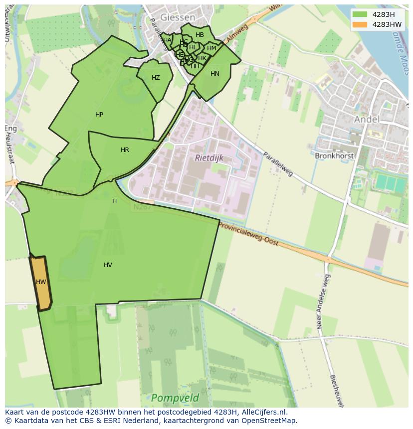 Afbeelding van het postcodegebied 4283 HW op de kaart.