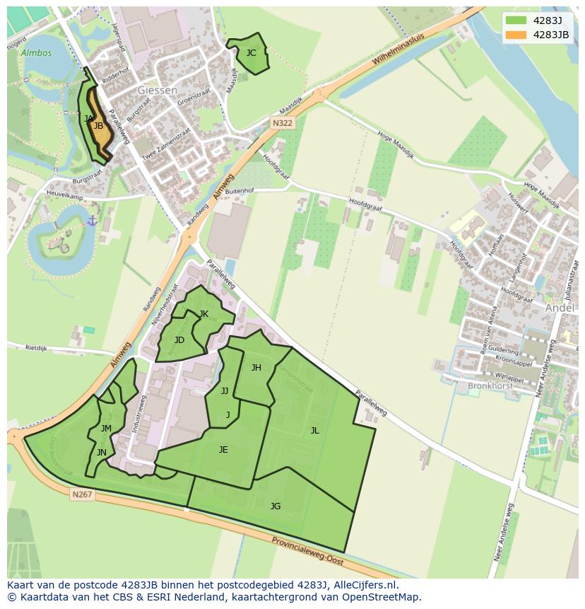 Afbeelding van het postcodegebied 4283 JB op de kaart.
