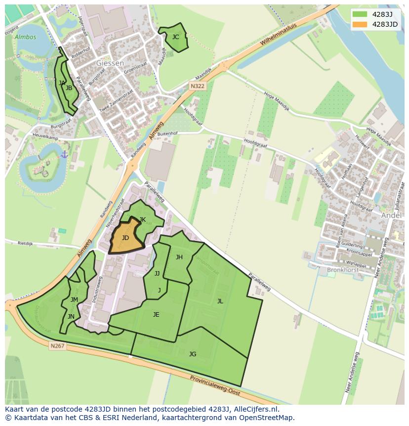 Afbeelding van het postcodegebied 4283 JD op de kaart.