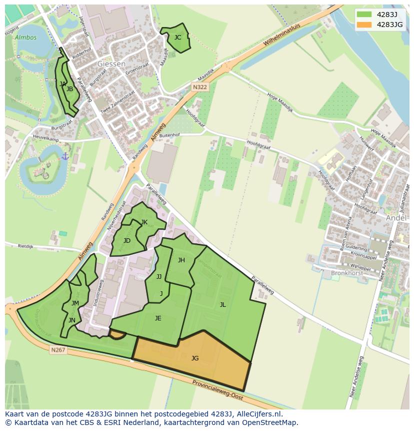 Afbeelding van het postcodegebied 4283 JG op de kaart.