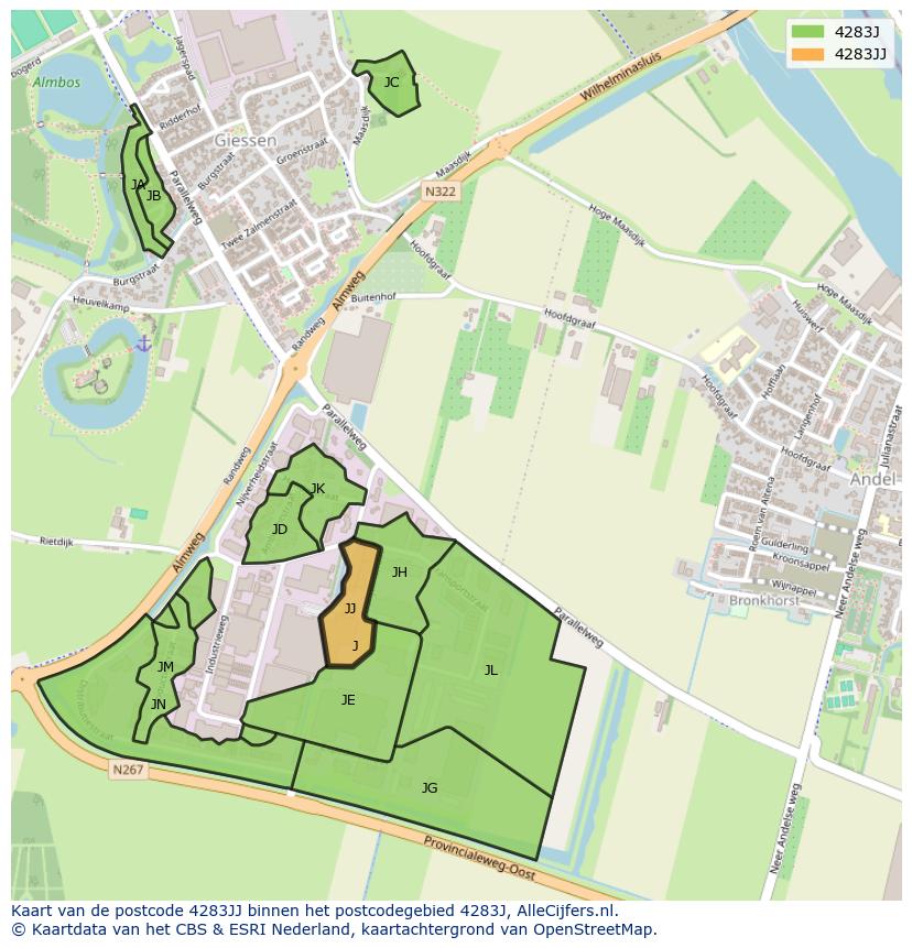 Afbeelding van het postcodegebied 4283 JJ op de kaart.