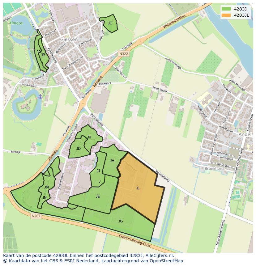 Afbeelding van het postcodegebied 4283 JL op de kaart.