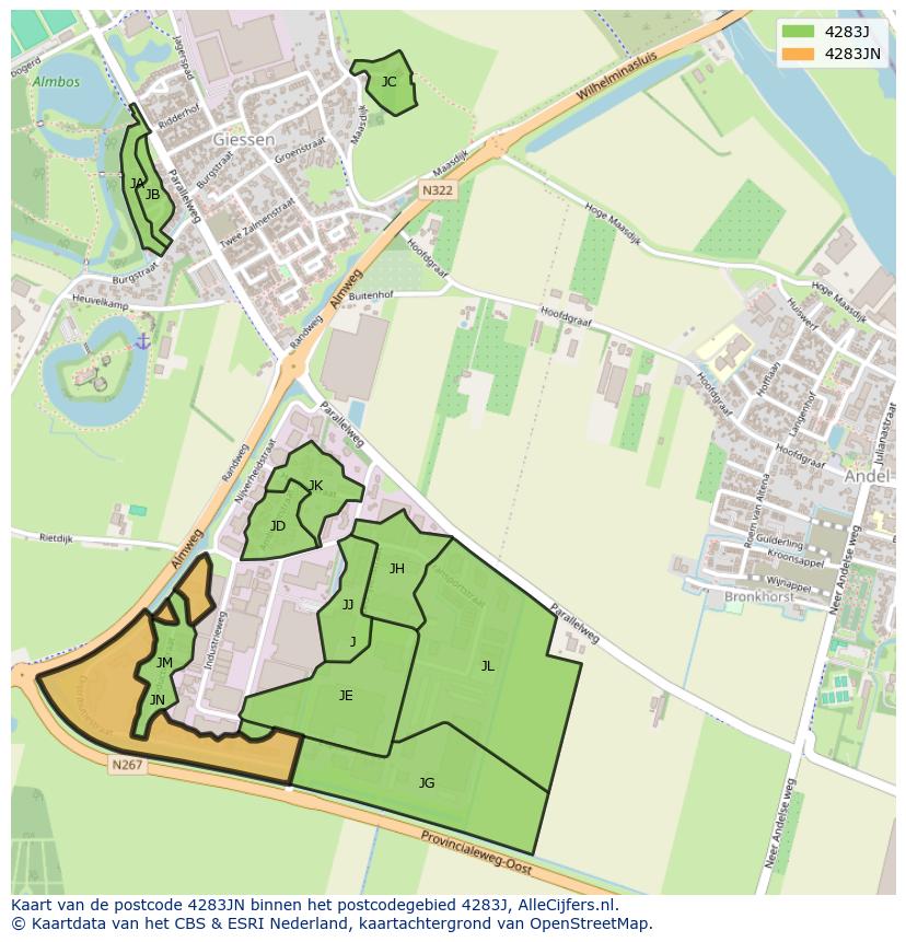 Afbeelding van het postcodegebied 4283 JN op de kaart.