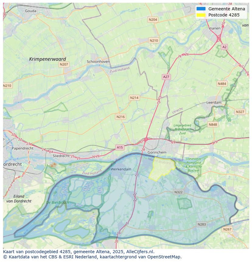 Afbeelding van het postcodegebied 4285 op de kaart.