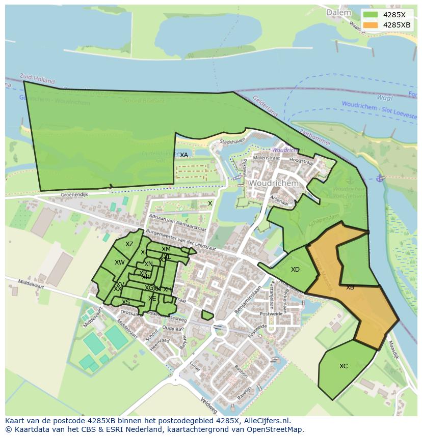 Afbeelding van het postcodegebied 4285 XB op de kaart.