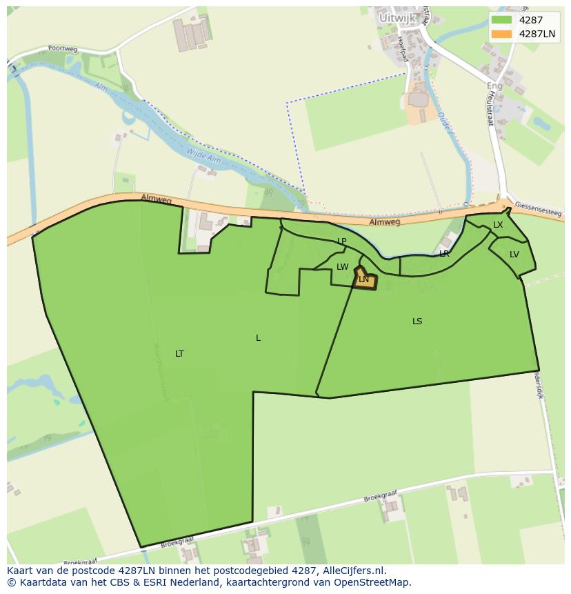 Afbeelding van het postcodegebied 4287 LN op de kaart.