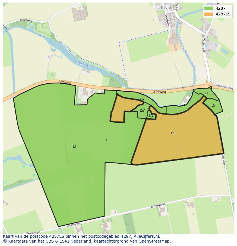 Afbeelding van het postcodegebied 4287 LS op de kaart.