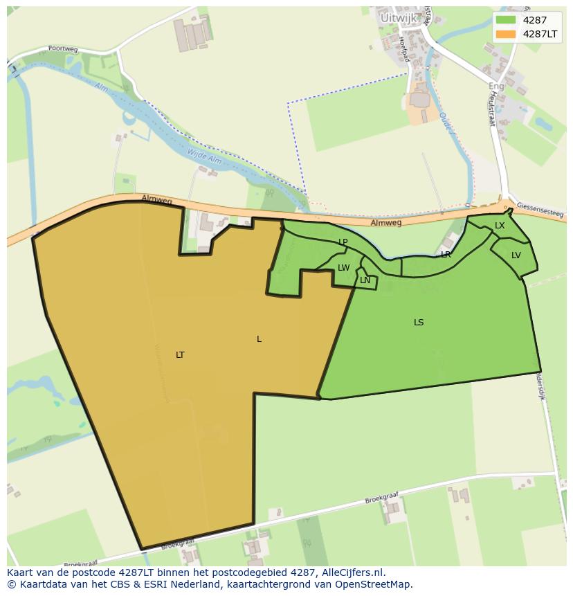 Afbeelding van het postcodegebied 4287 LT op de kaart.