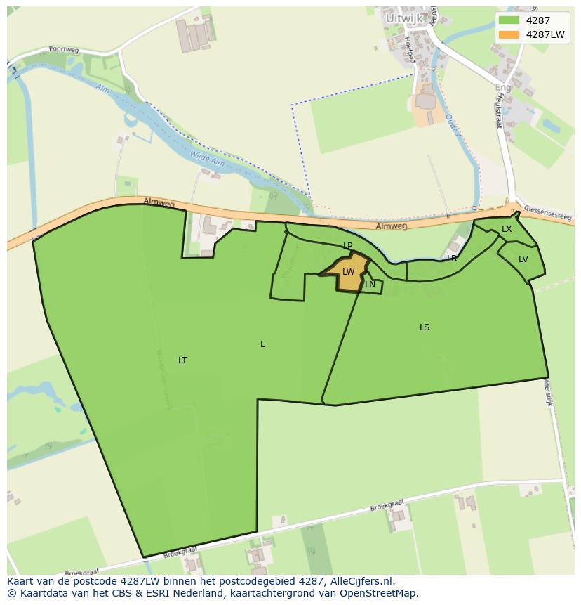 Afbeelding van het postcodegebied 4287 LW op de kaart.
