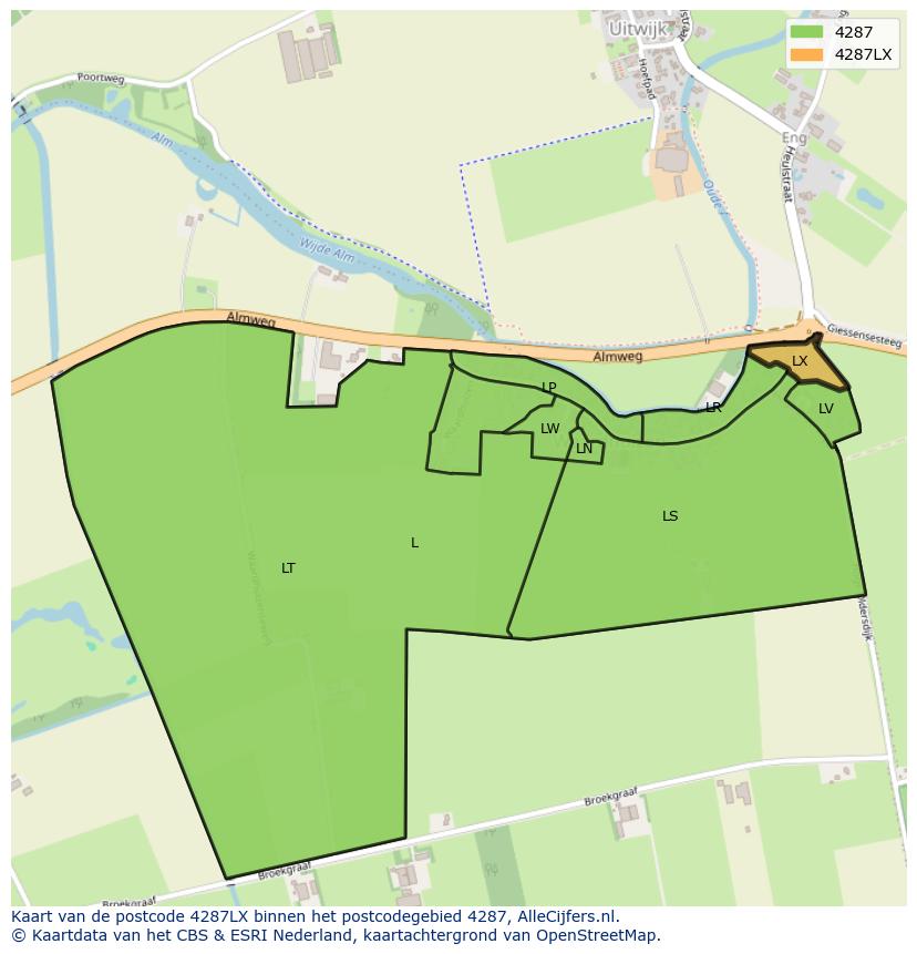 Afbeelding van het postcodegebied 4287 LX op de kaart.
