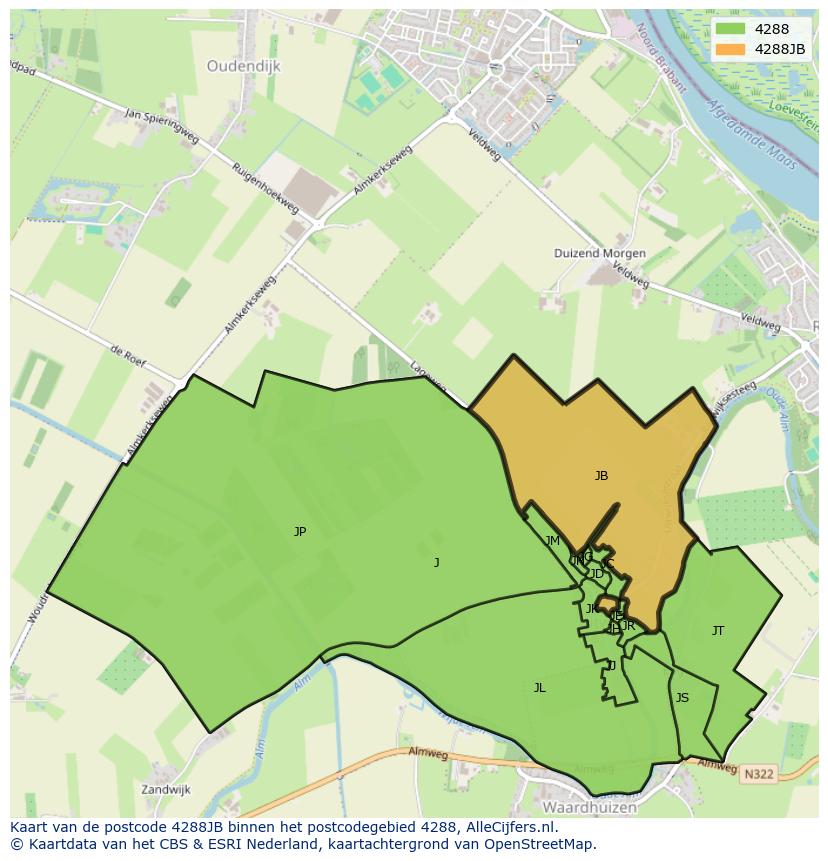 Afbeelding van het postcodegebied 4288 JB op de kaart.