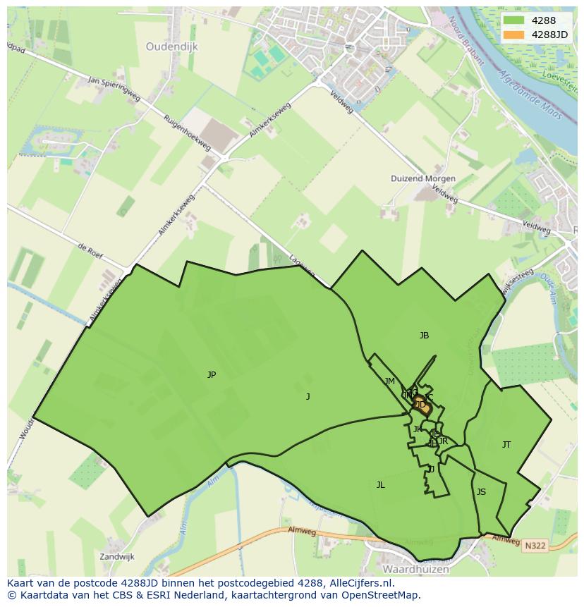 Afbeelding van het postcodegebied 4288 JD op de kaart.